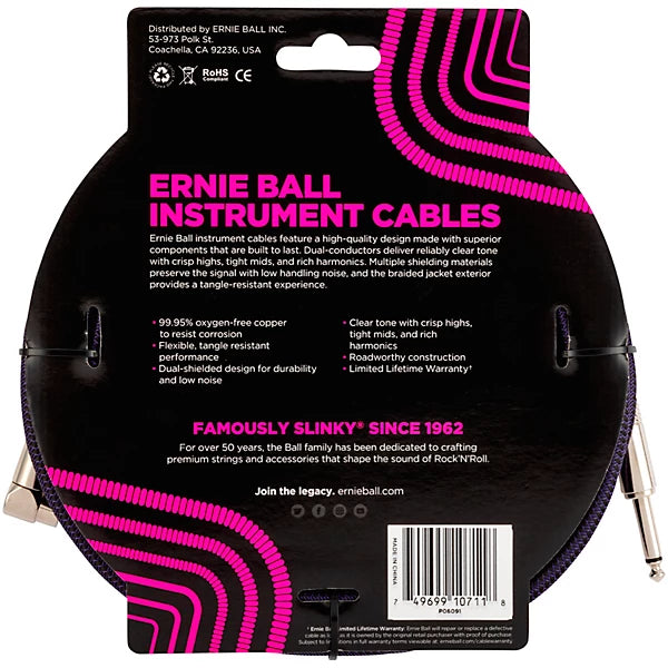 Ernie Ball Braided Straight to Angle Instrument Cable 20 ft. Neon Purple/Black